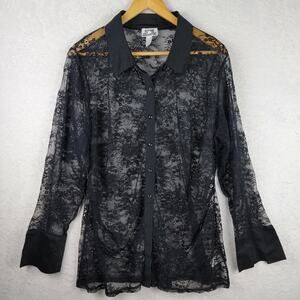 1X Whimsigoth Top Black Sheer Lace Button Long Sleeve Dark Romantic Dressy Goth